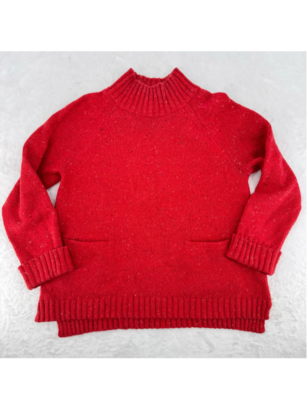 J. Jill Red Confetti Sweater Wool Cotton Blend Mock Neck Pockets Petite Medium